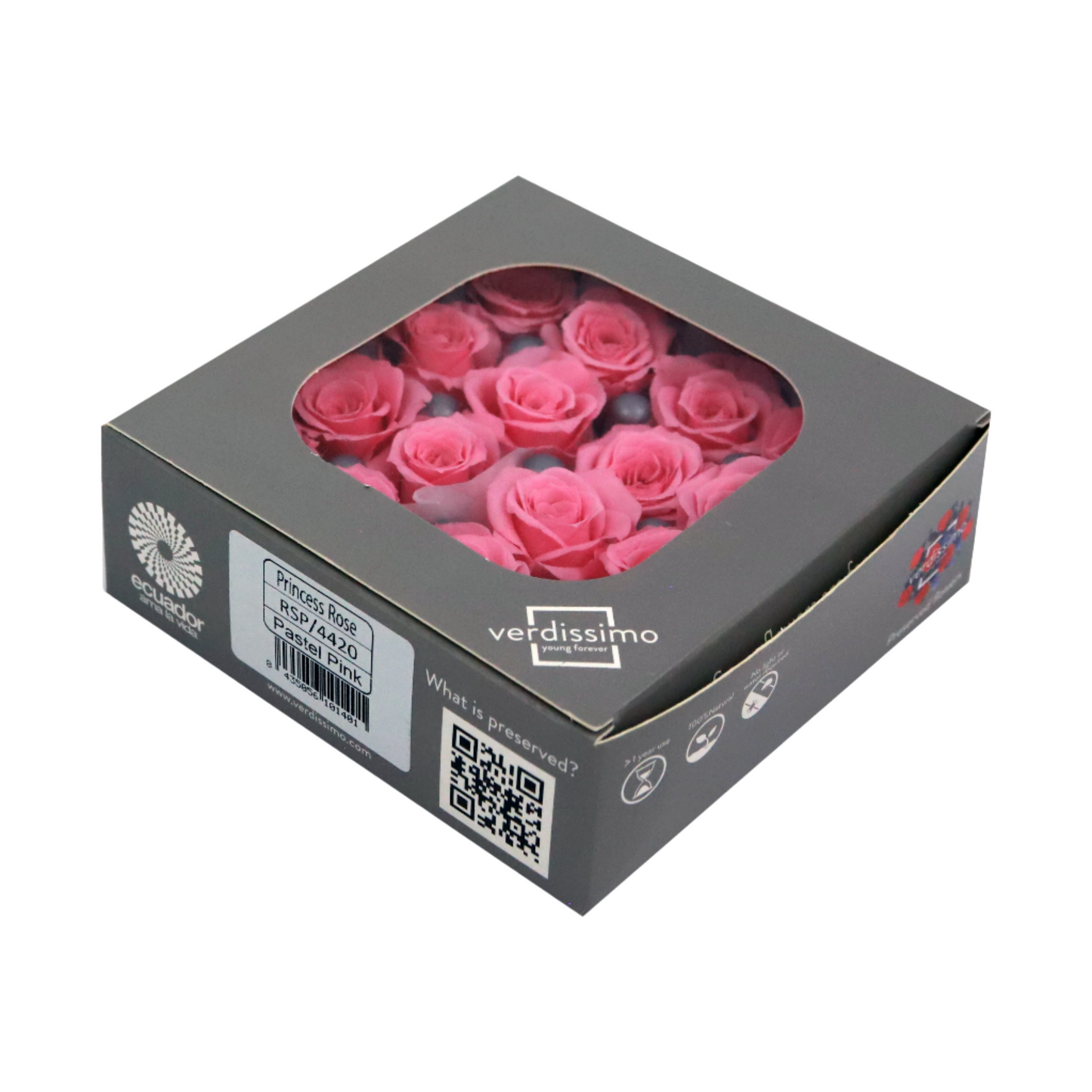 Sixteen pastel pink mini rose heads in a box