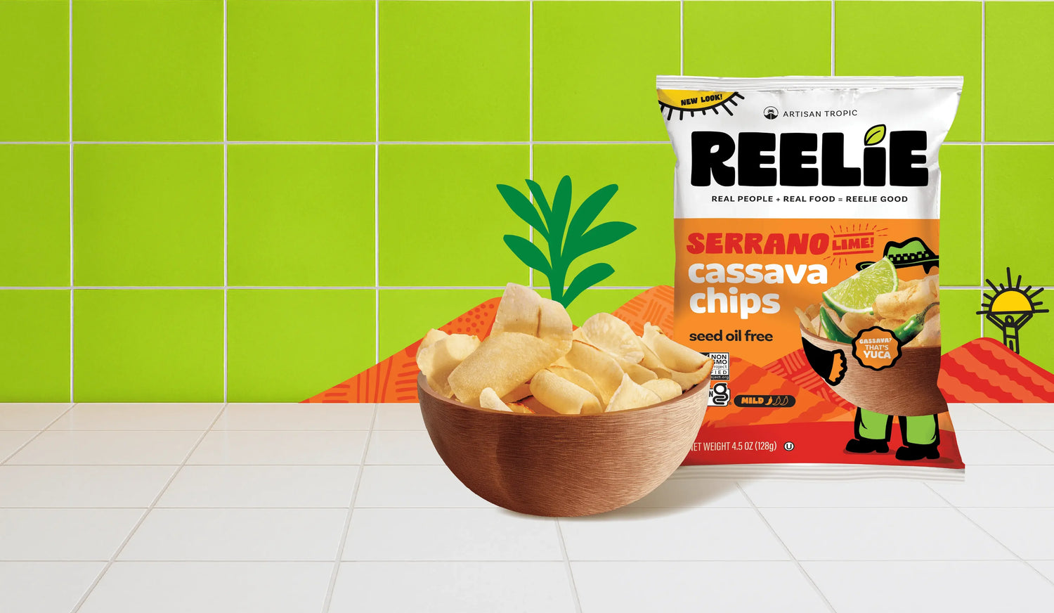 Re Ellie Serrano Lime cassava chips packaging with a bowl of chips on a green tiled background